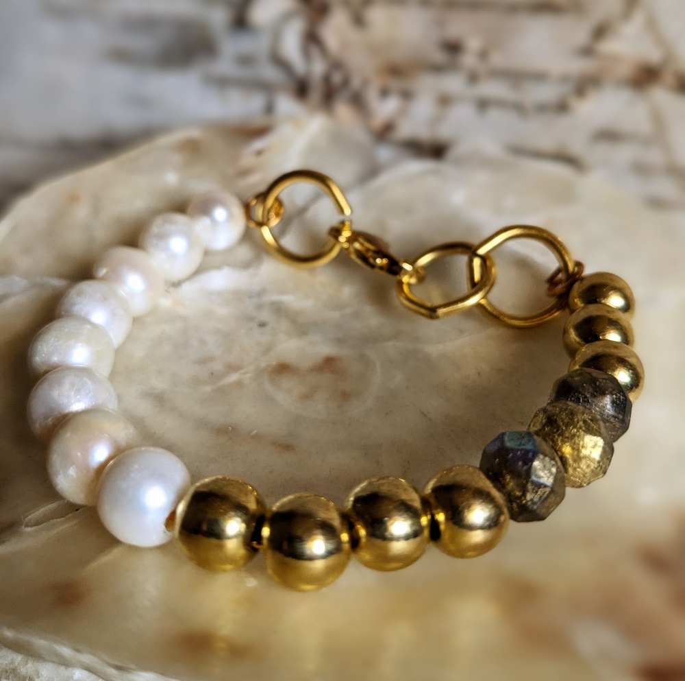 Gold Etched On Black & Gold Beads In Assymetrical Freshwater Pearl Bracelet